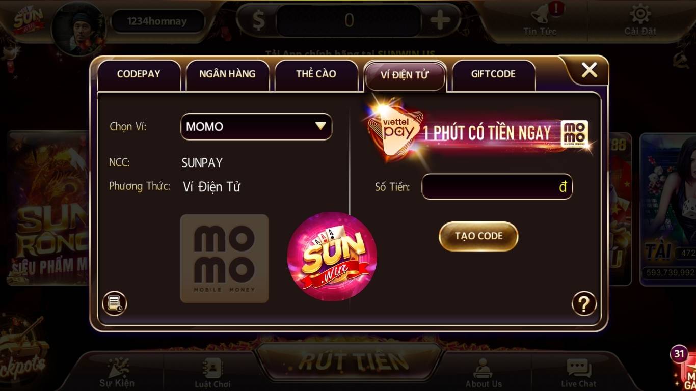 Hướng dẫn cách nạp tiền điện tử Sunwin qua ví MOMO